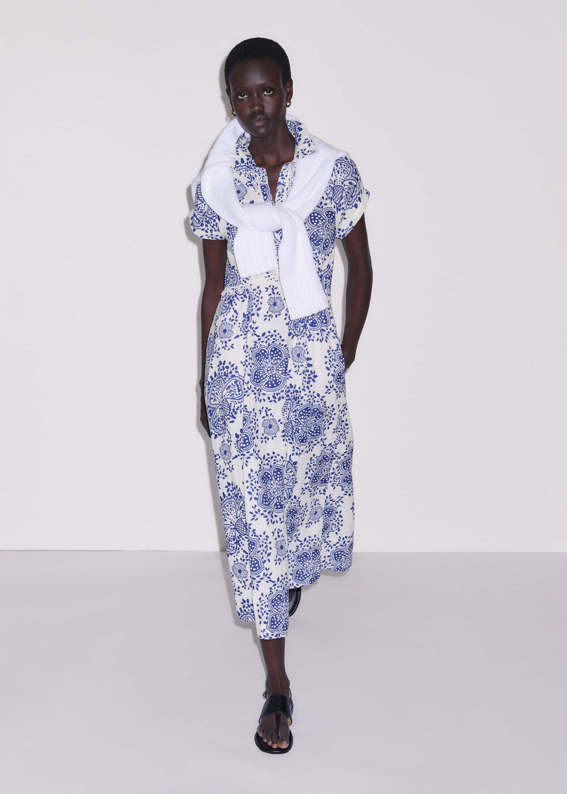 White Cheesecloth Fit + Flare In-Full-Bloom Print Midi Dress