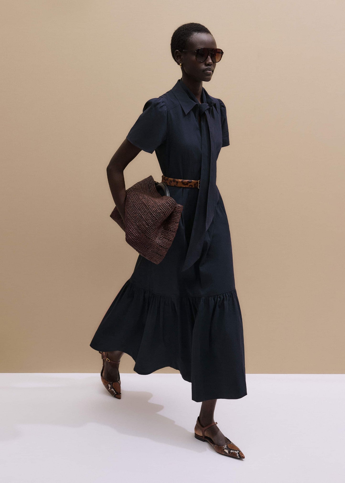 Navy Cotton Seersucker Fit + Flare Midi Dress