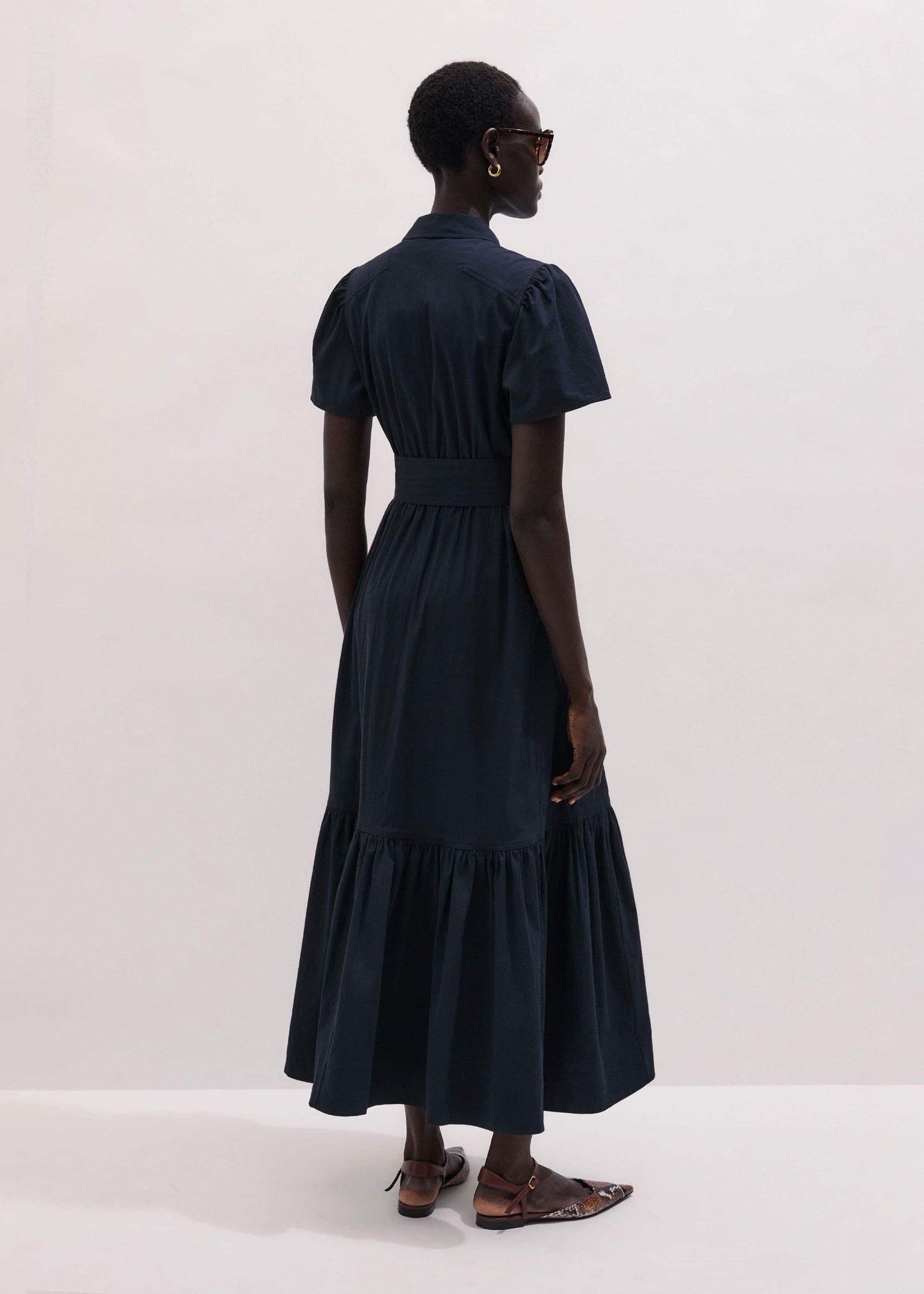 Navy Cotton Seersucker Fit + Flare Midi Dress
