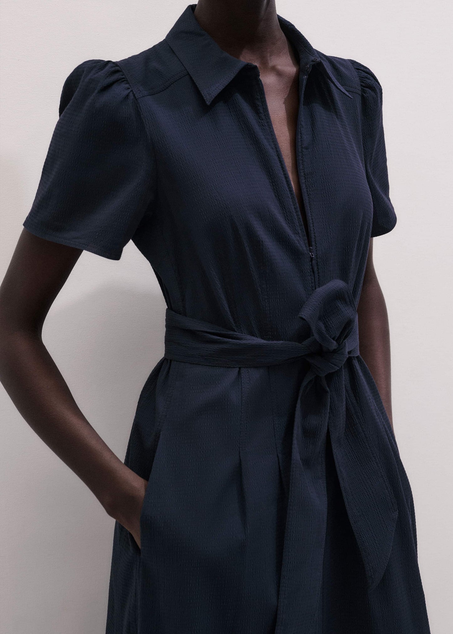 Navy Cotton Seersucker Fit + Flare Midi Dress