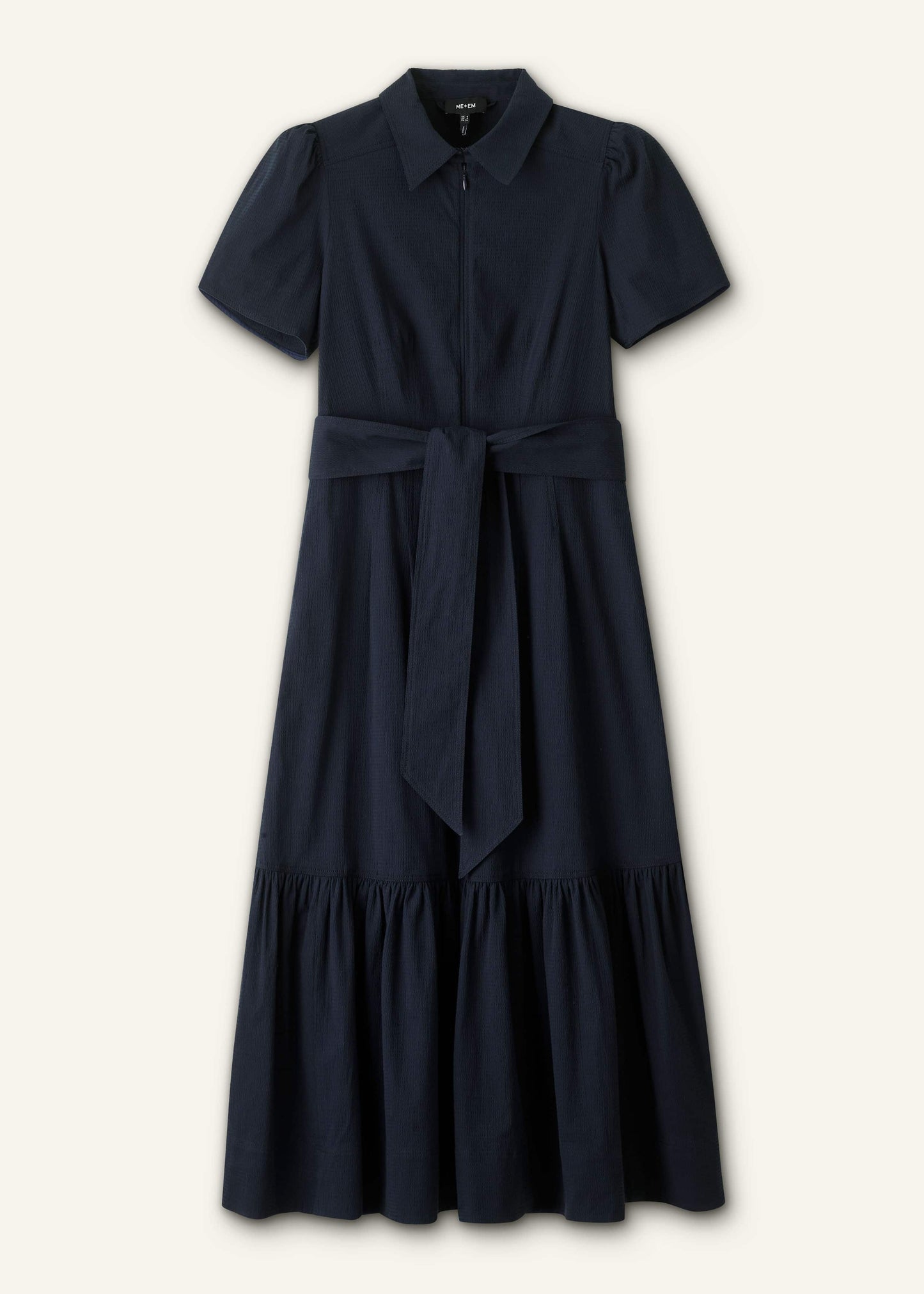 Navy Cotton Seersucker Fit + Flare Midi Dress
