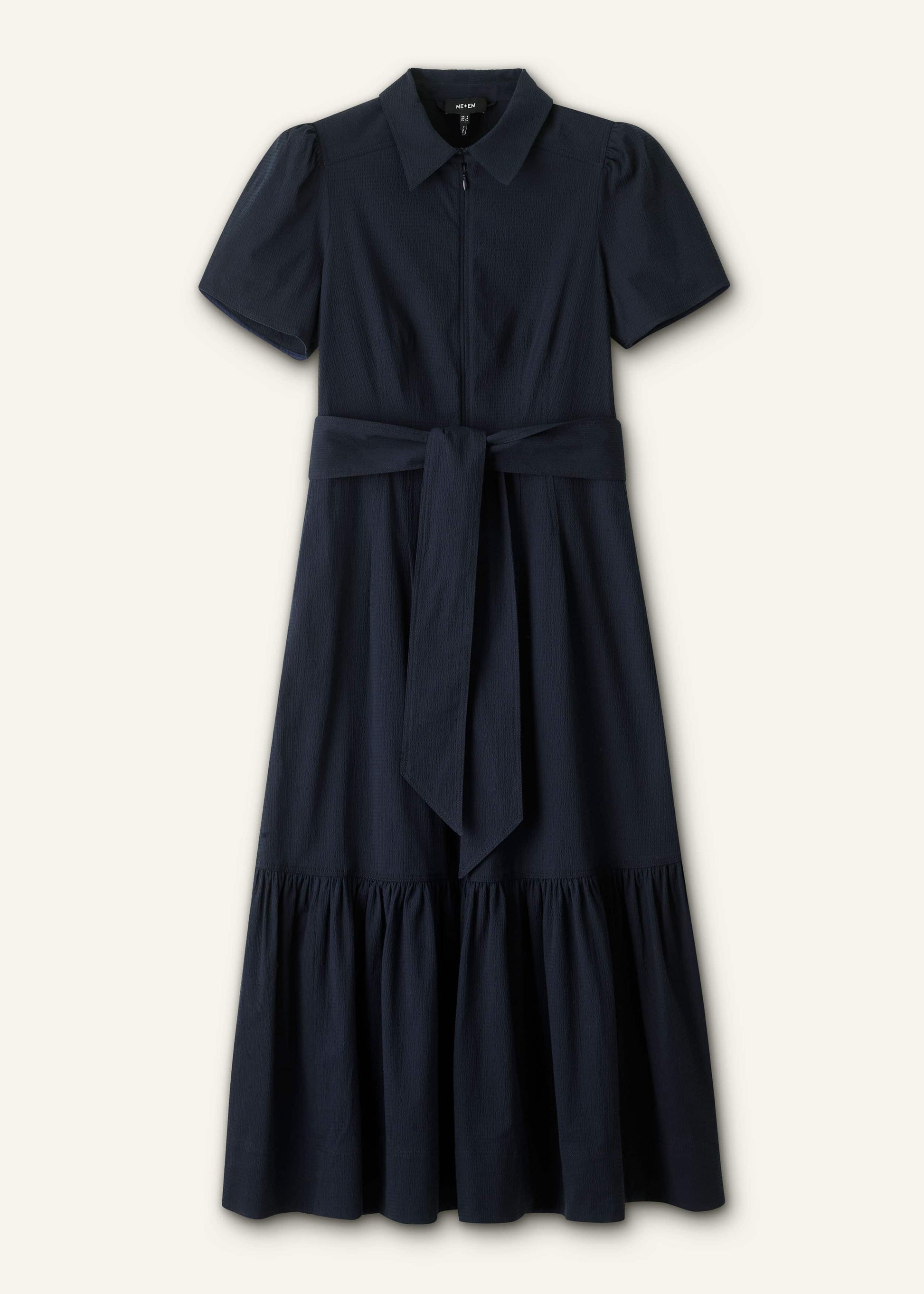 Navy Cotton Seersucker Fit + Flare Midi Dress