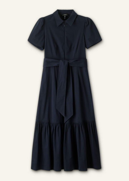 Navy Cotton Seersucker Fit + Flare Midi Dress