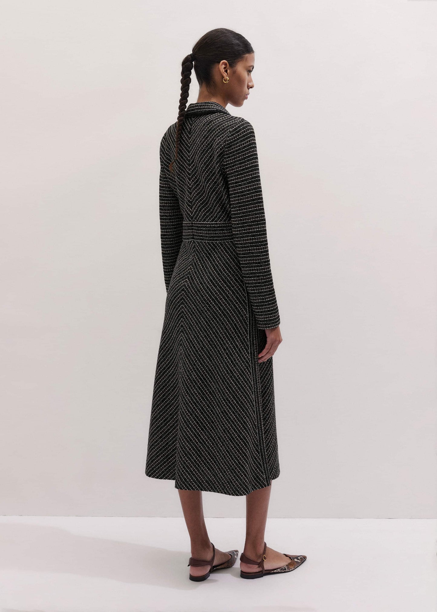 Black Stripe Tweed Midi Dress