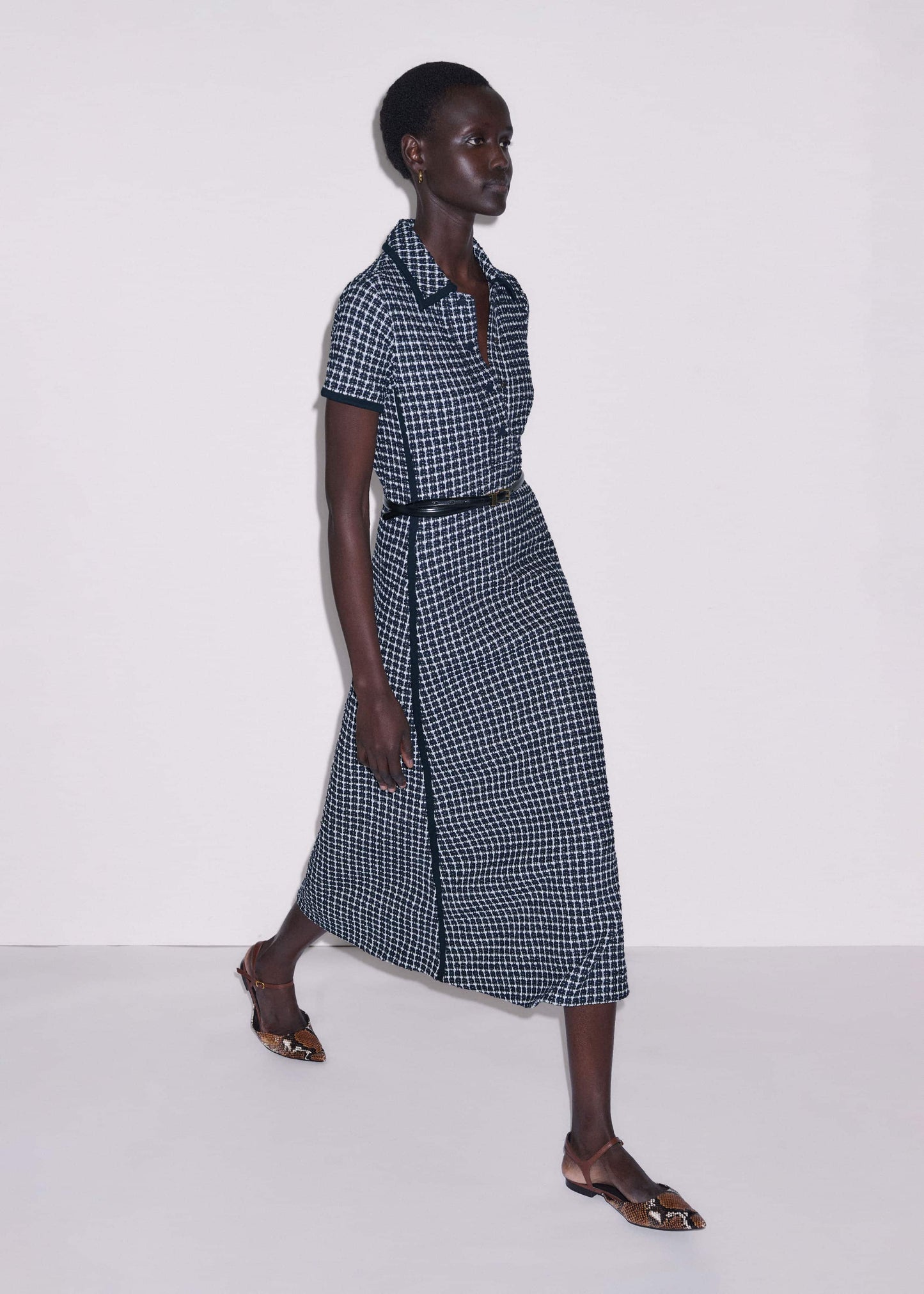 Navy Textured Midi Dress + Belt
