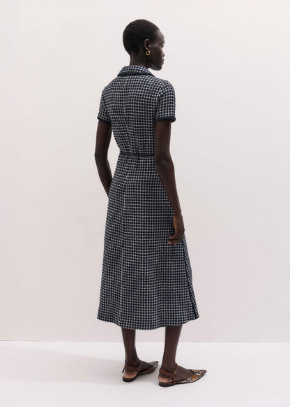 Navy Textured Midi Dress + Belt
