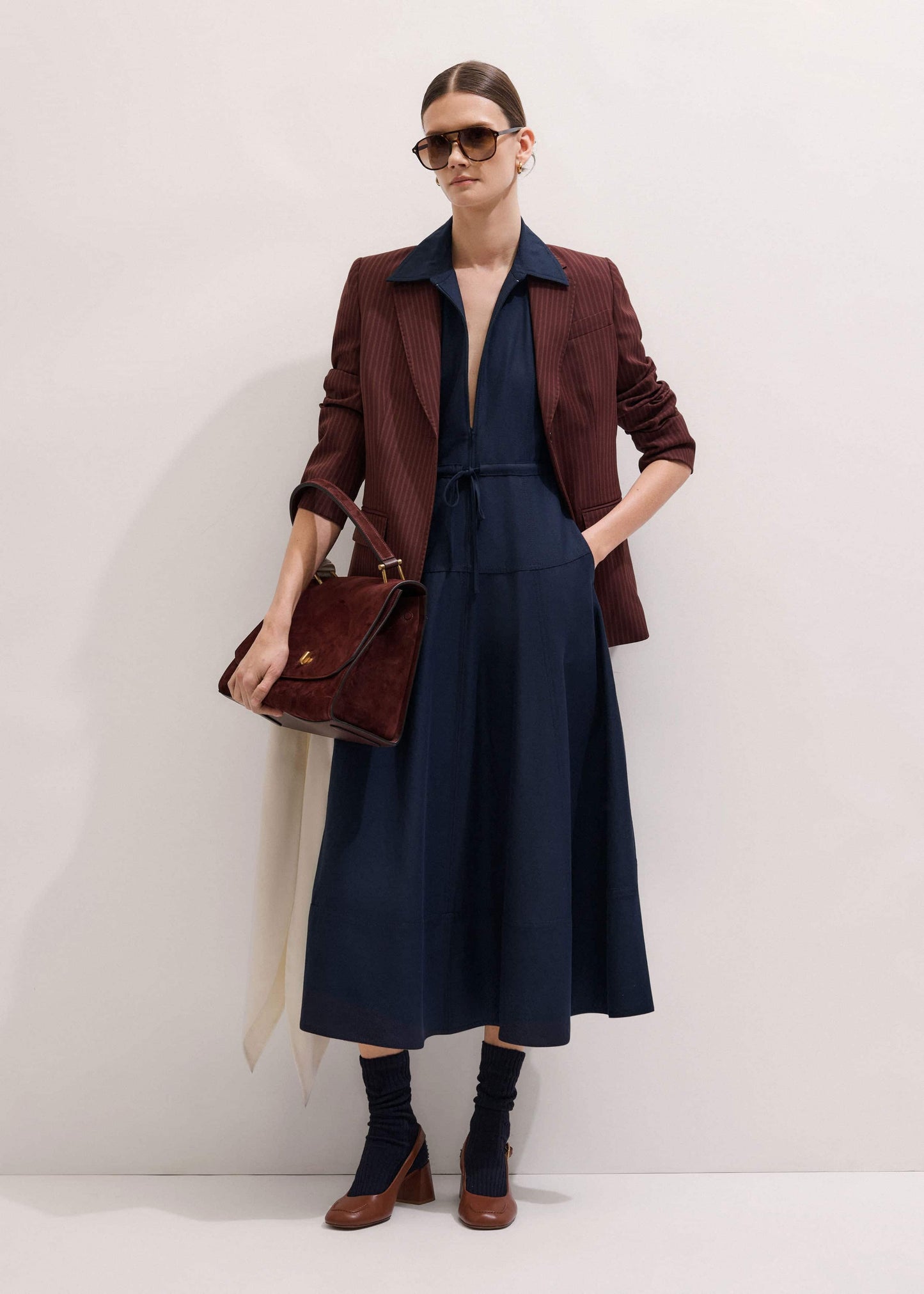 Navy Fit + Flare Shirt Midi Dress