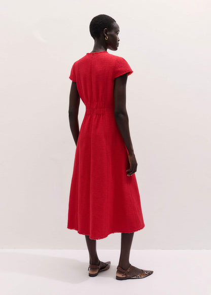 Red Fringe Detail Fit + Flare Midi Dress