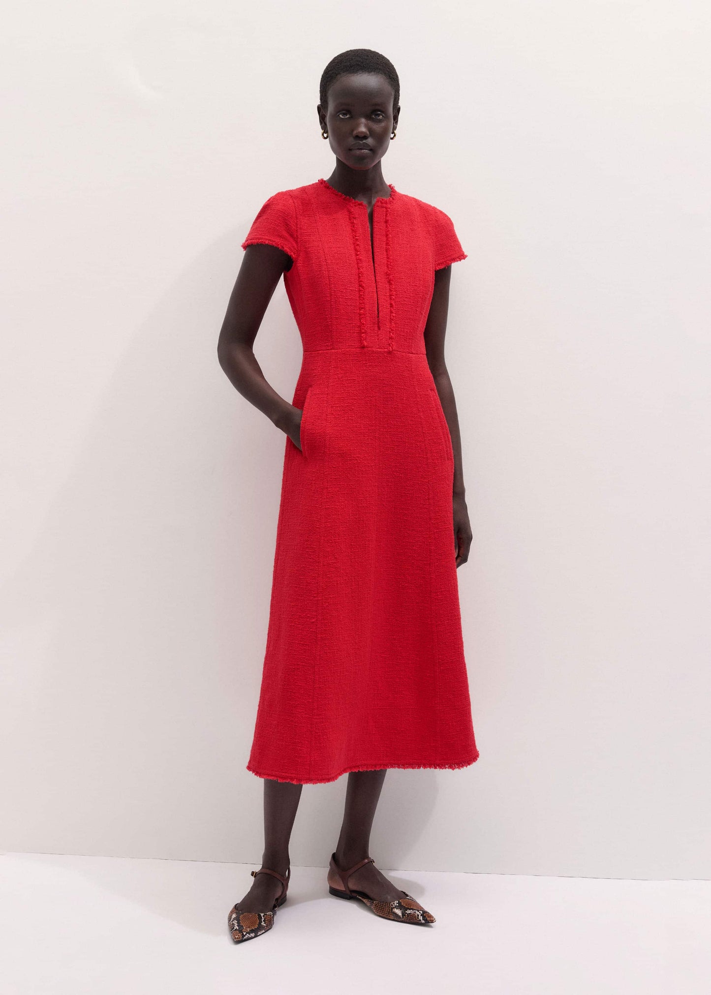 Red Fringe Detail Fit + Flare Midi Dress