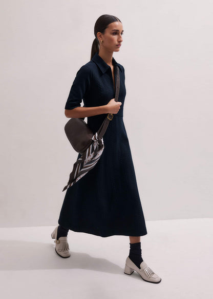 Navy Cable Jacquard Half-Zip Midi Dress