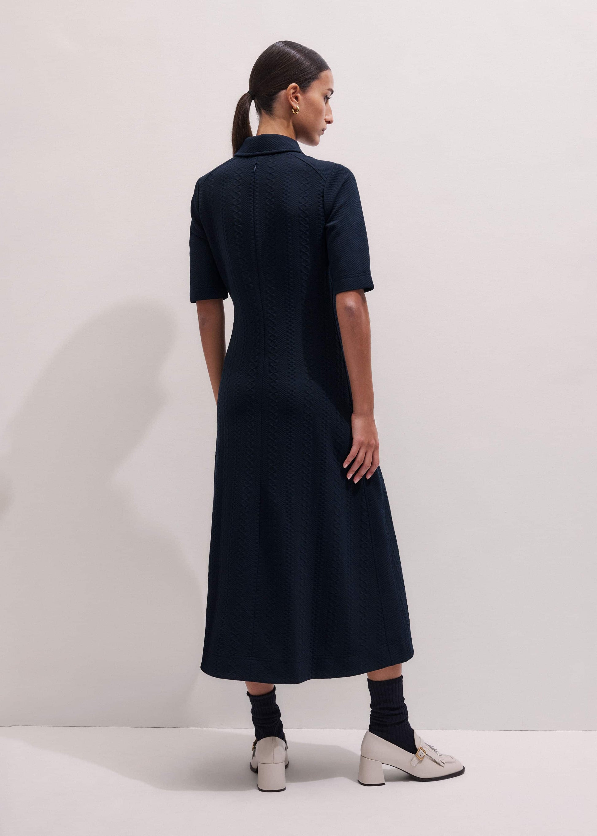 Navy Cable Jacquard Half-Zip Midi Dress