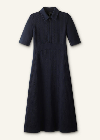 Navy Cable Jacquard Half-Zip Midi Dress