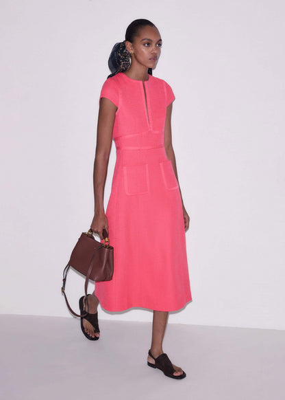 Pink Contrast Binding Fit And Flare Midi Dress