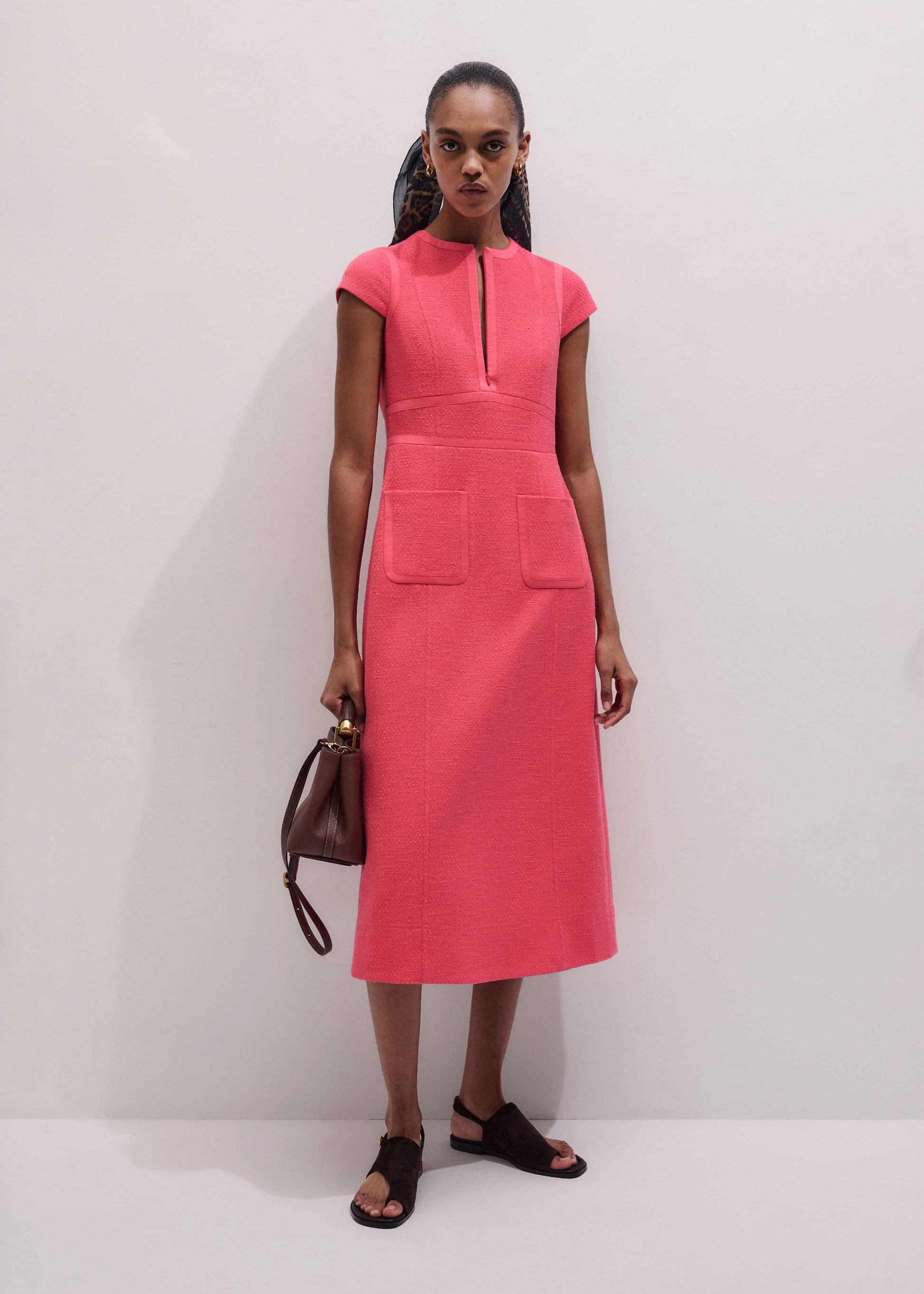 Pink Contrast Binding Fit And Flare Midi Dress