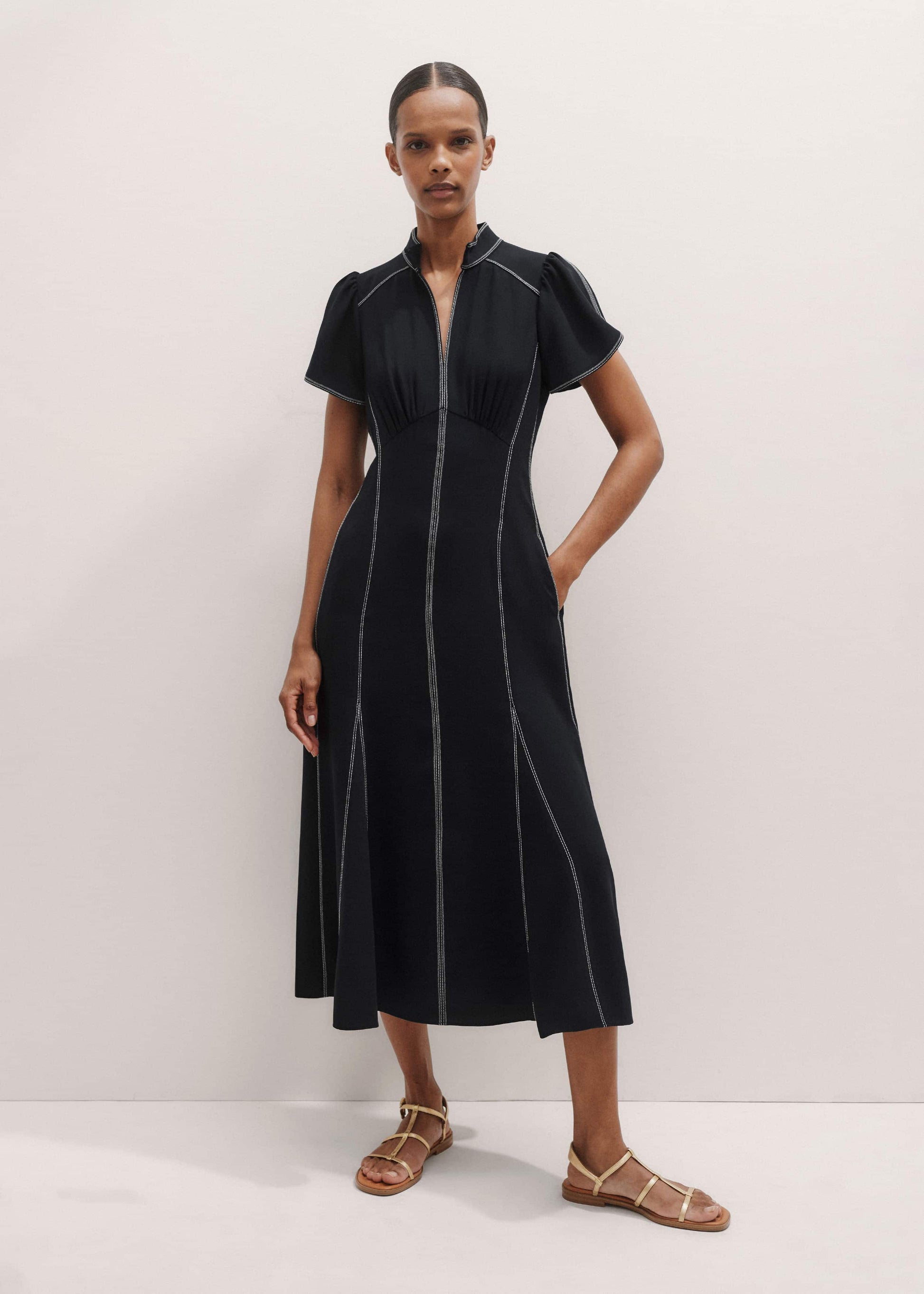 Black Contrast Stitch Midi Dress