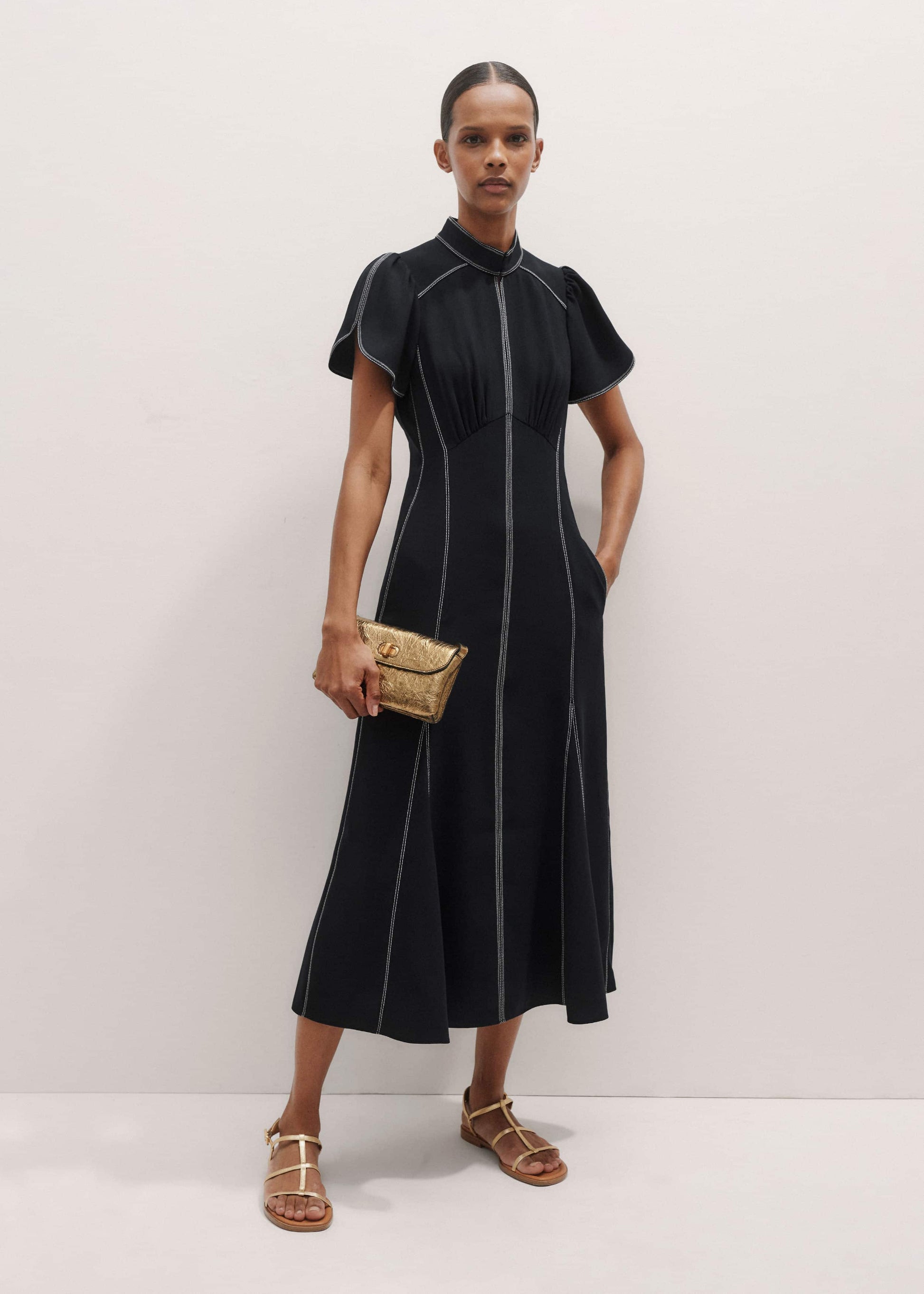 Black Contrast Stitch Midi Dress