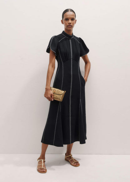 Black Contrast Stitch Midi Dress