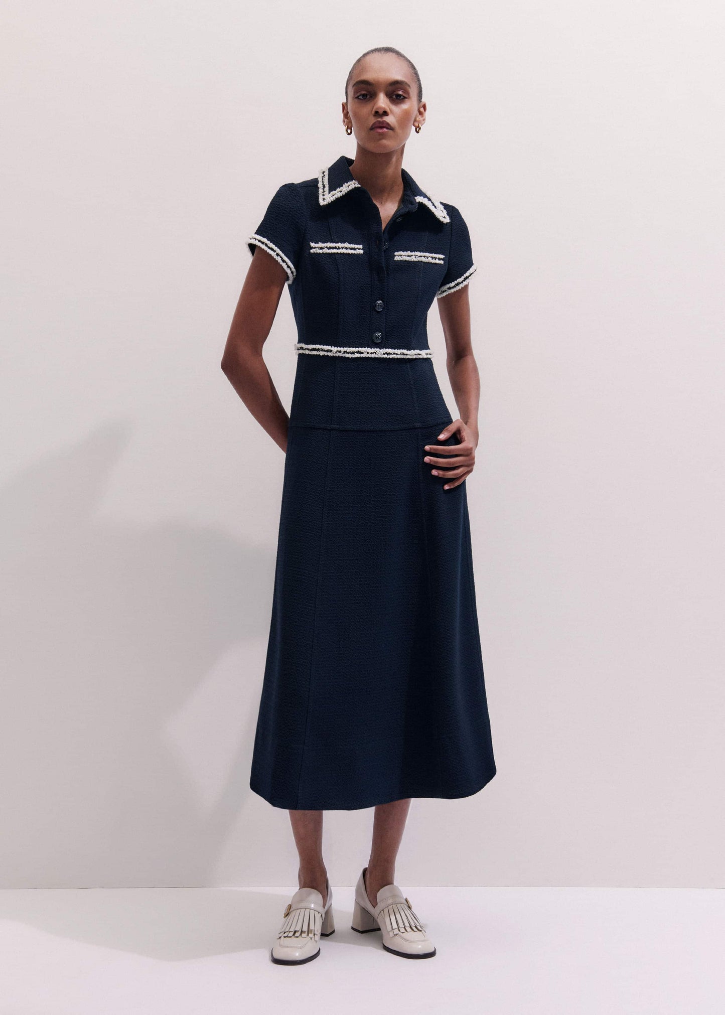 Navy Fit + Flare Fray Trim Midi Dress