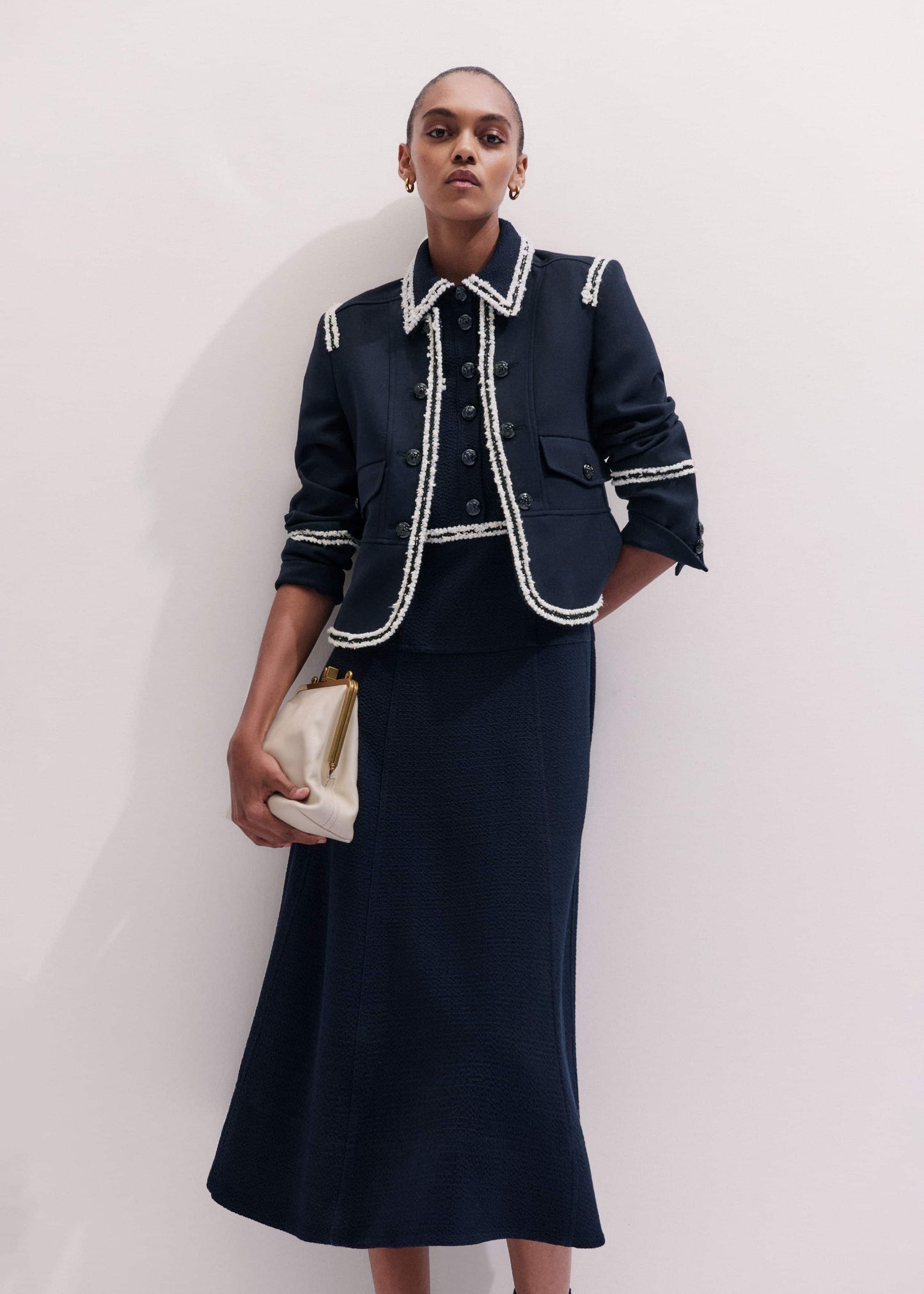Navy Fit + Flare Fray Trim Midi Dress