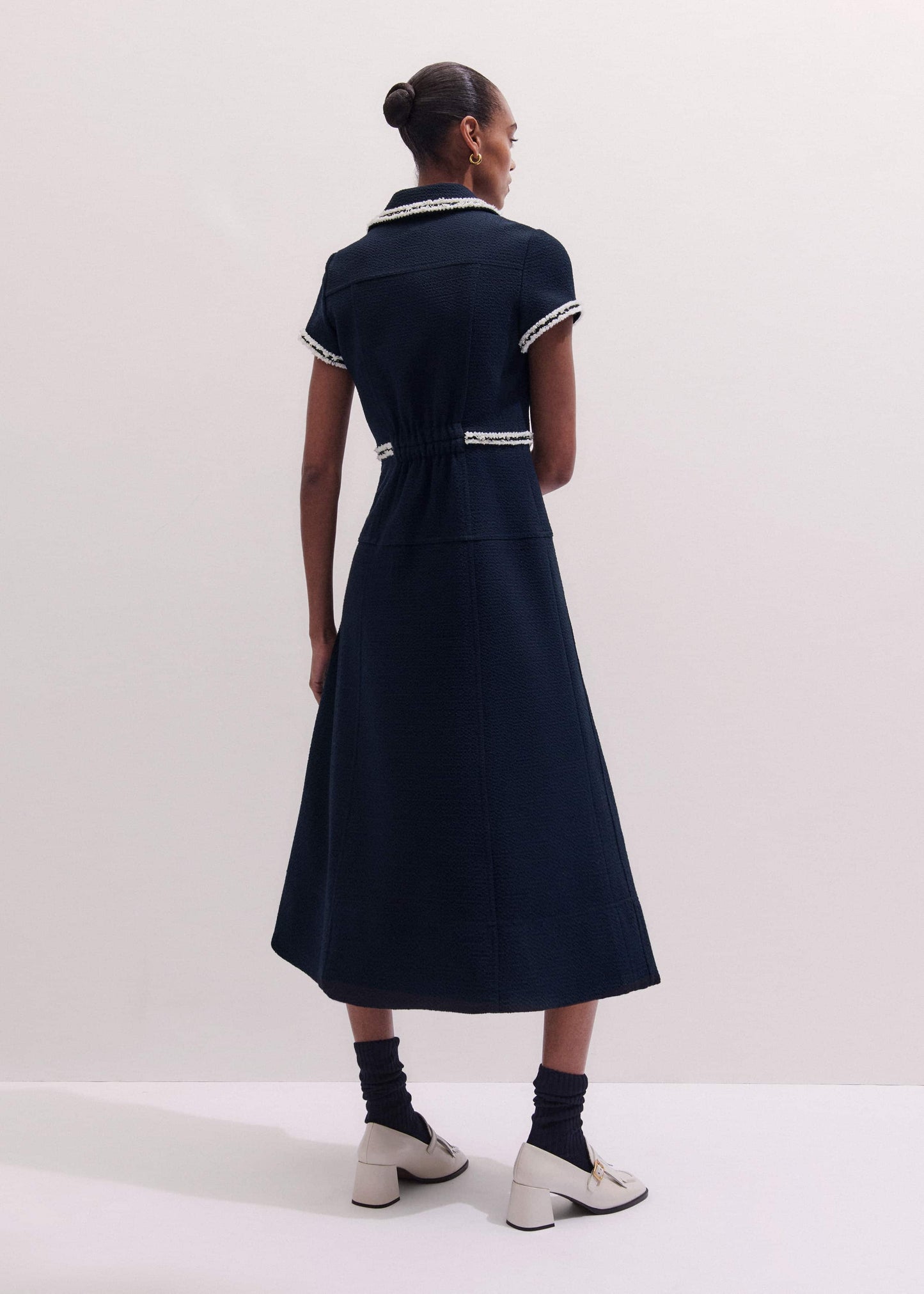 Navy Fit + Flare Fray Trim Midi Dress
