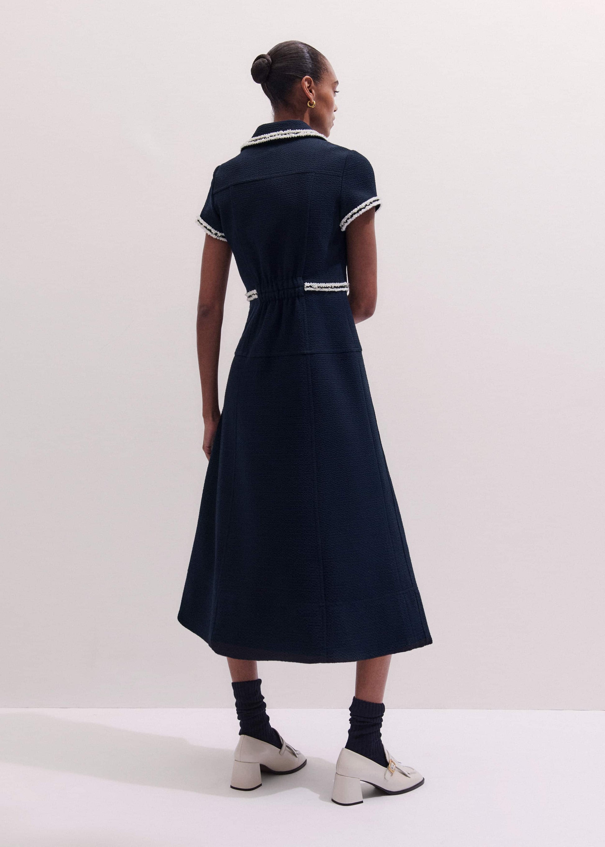 Navy Fit + Flare Fray Trim Midi Dress
