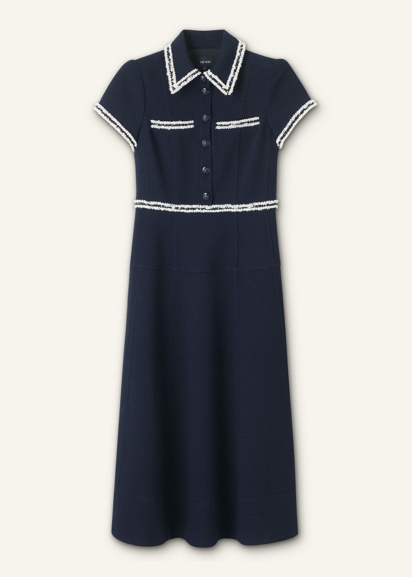 Navy Fit + Flare Fray Trim Midi Dress