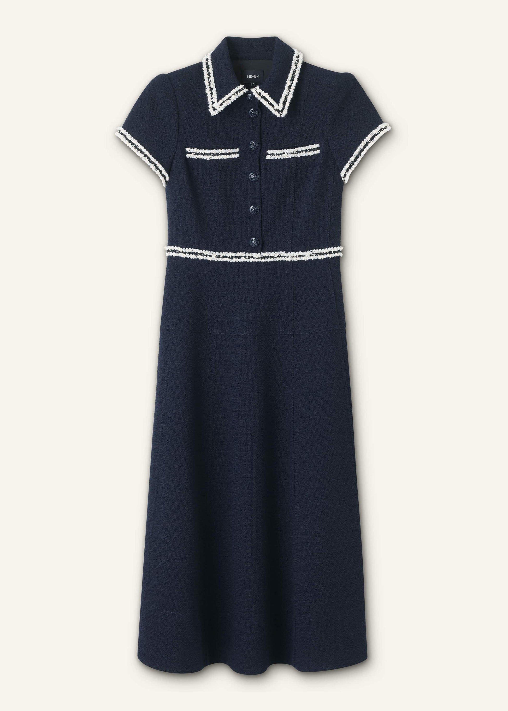 Navy Fit + Flare Fray Trim Midi Dress
