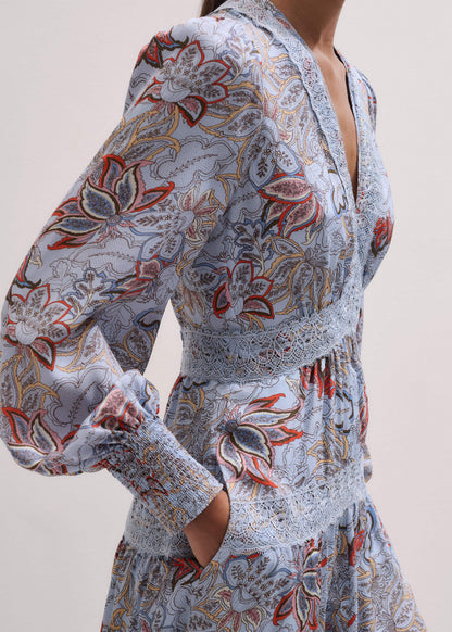 Blue Silk Delicate Paisley Print Fit + Flare Maxi Dress