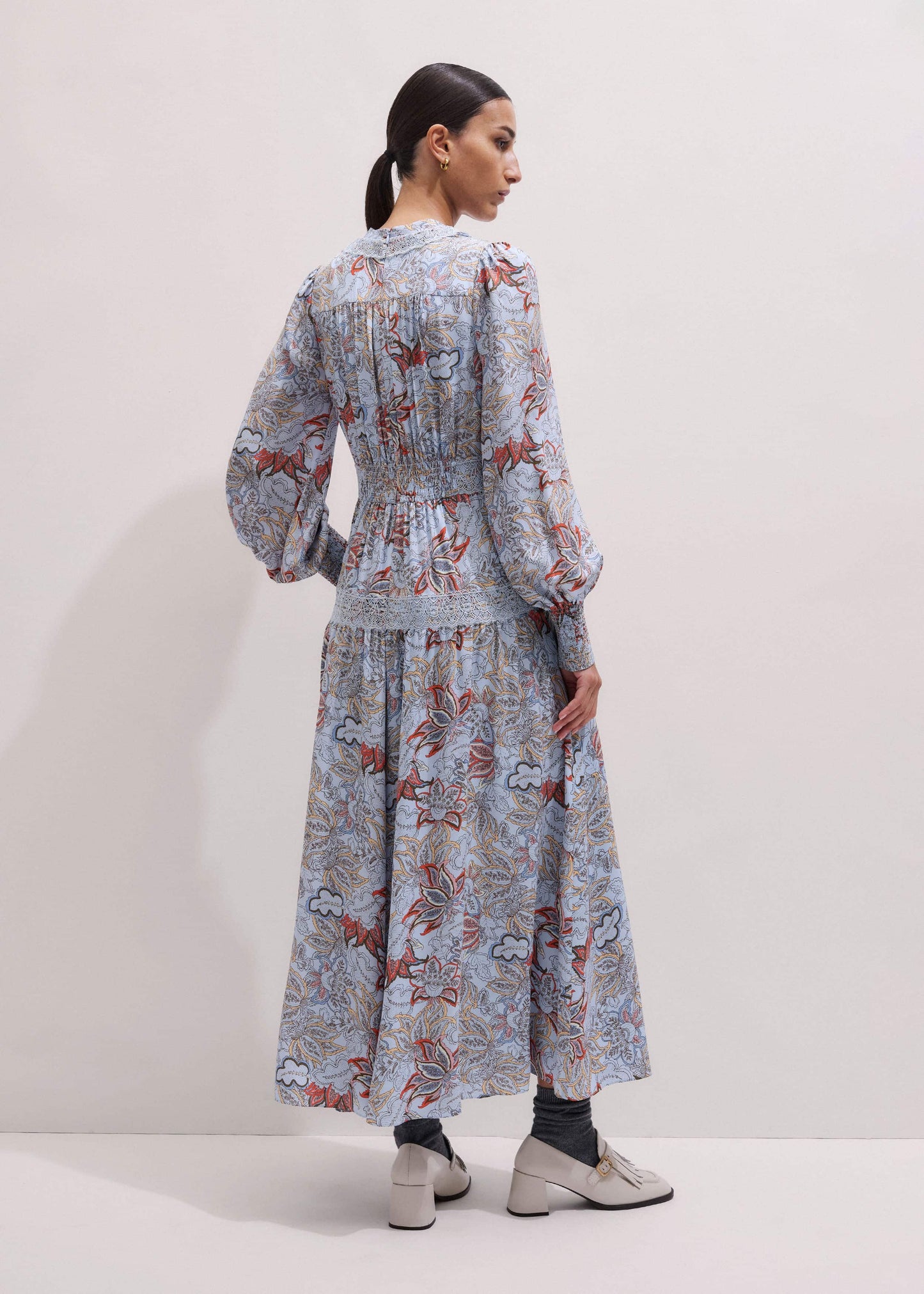 Blue Silk Delicate Paisley Print Fit + Flare Maxi Dress