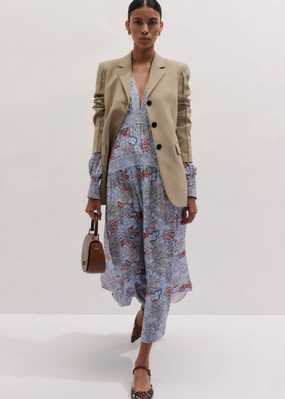 Blue Silk Delicate Paisley Print Fit + Flare Maxi Dress