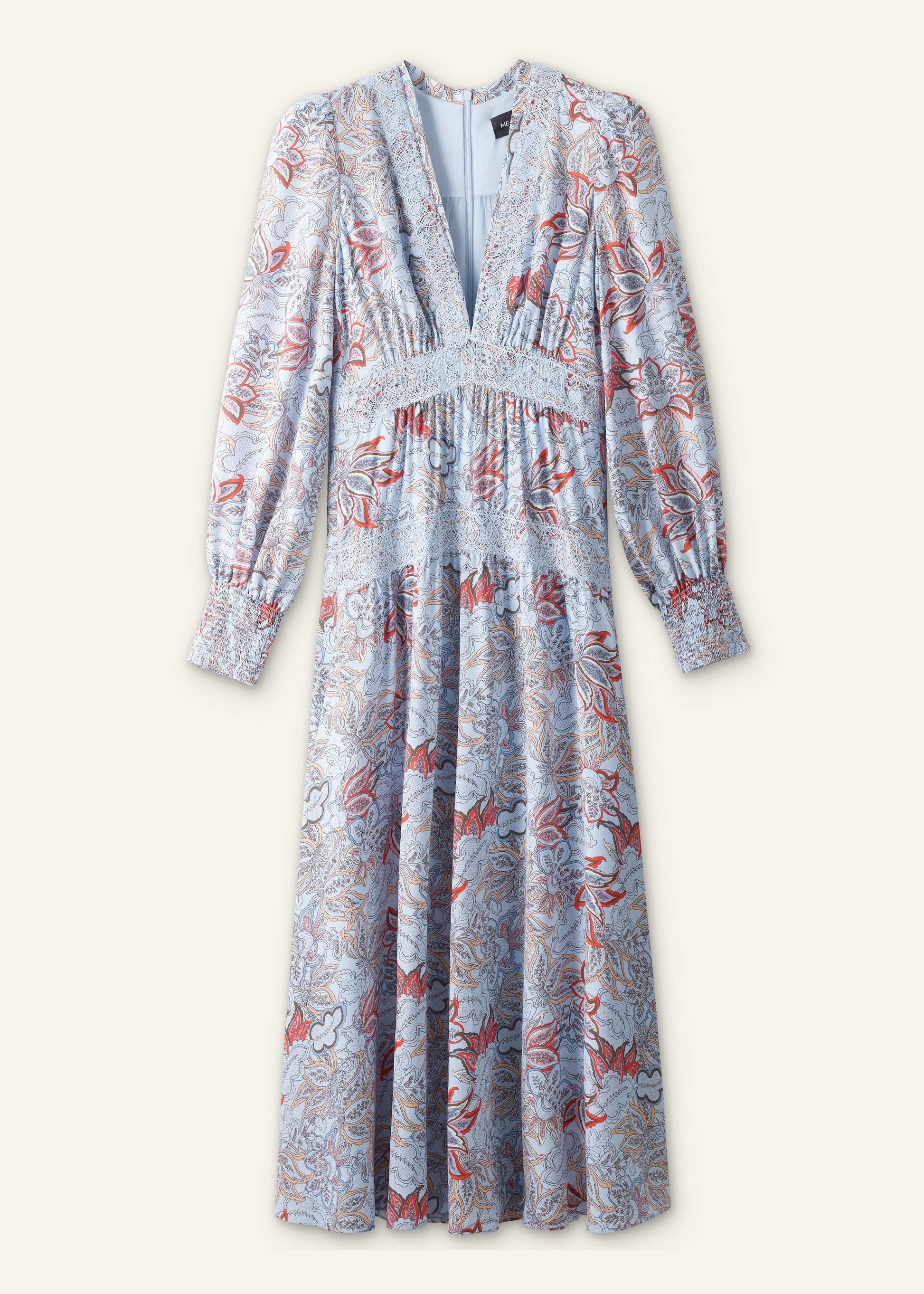 Blue Silk Delicate Paisley Print Fit + Flare Maxi Dress