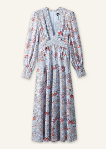 Blue Silk Delicate Paisley Print Fit + Flare Maxi Dress