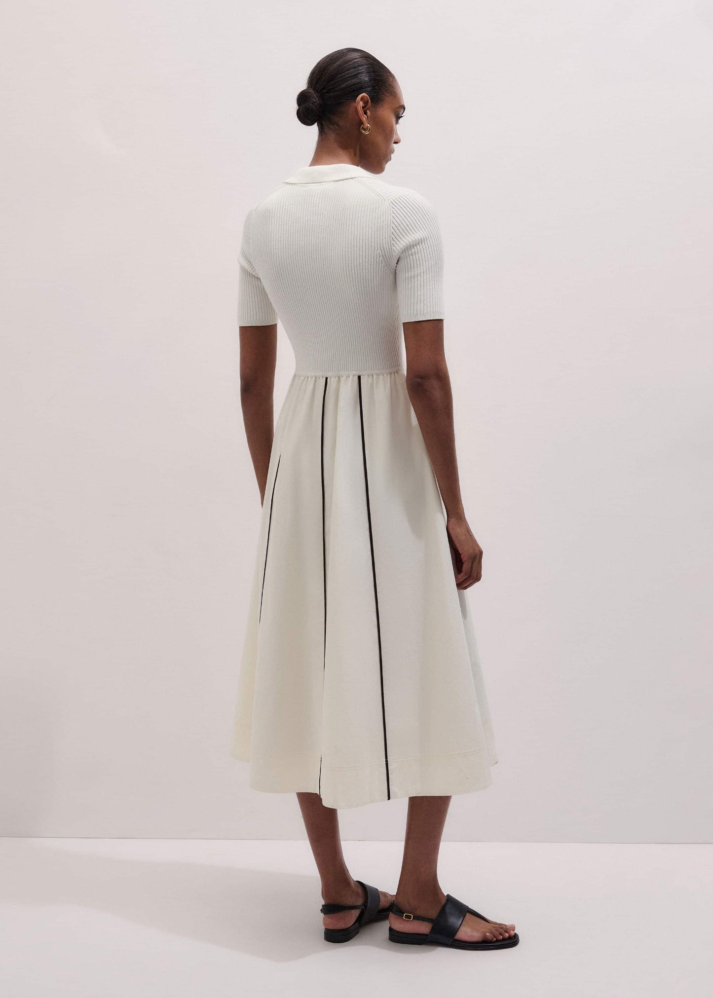 Cream Mixed Media Fit And Flare Midi Dress + Belt