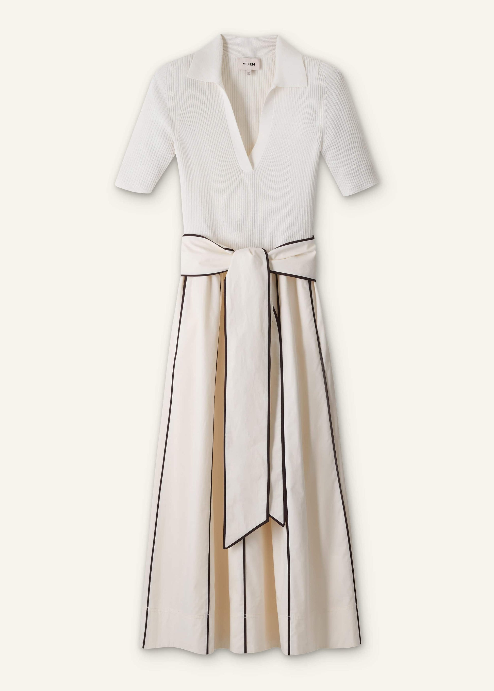 Cream Mixed Media Fit And Flare Midi Dress + Belt