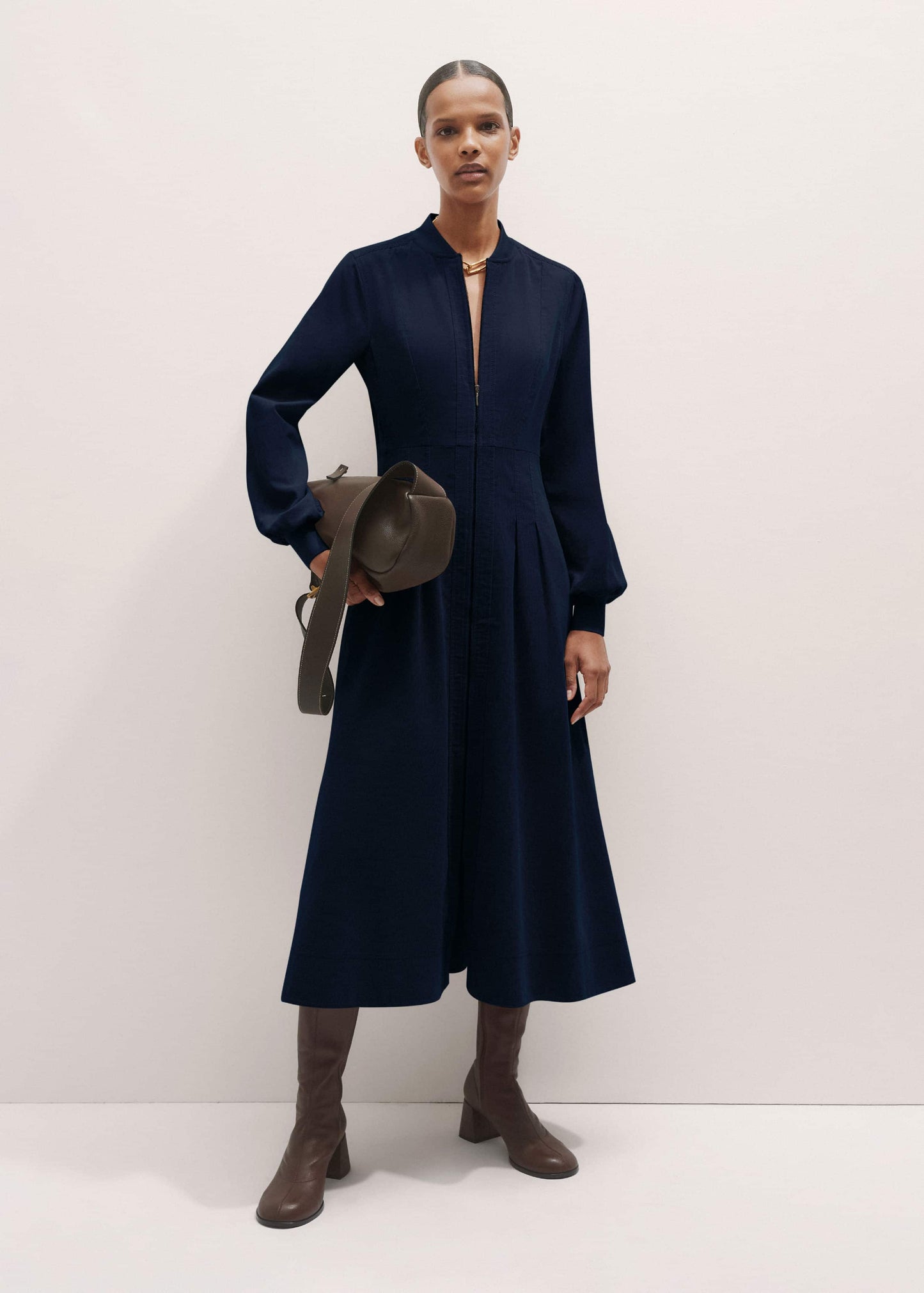Navy Cotton Cord Pleated Midi Dress