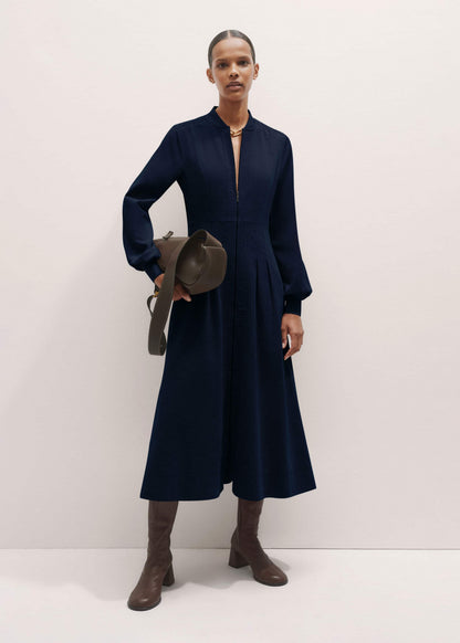 Navy Cotton Cord Pleated Midi Dress