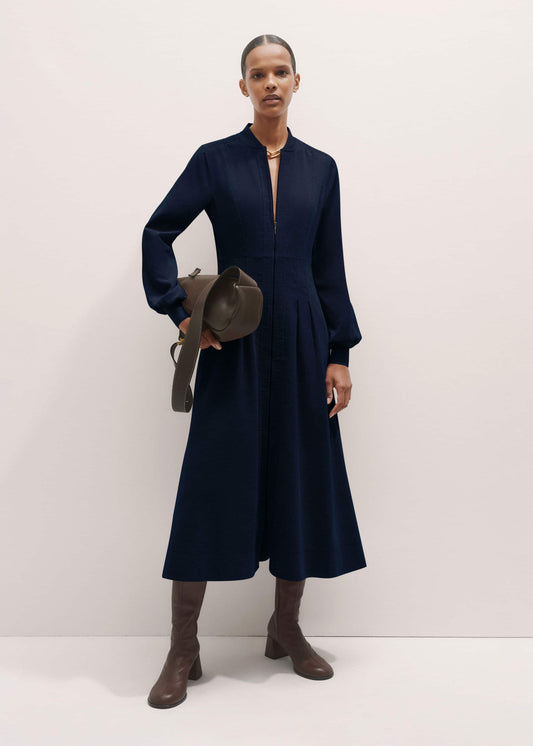 Navy Cotton Cord Pleated Midi Dress