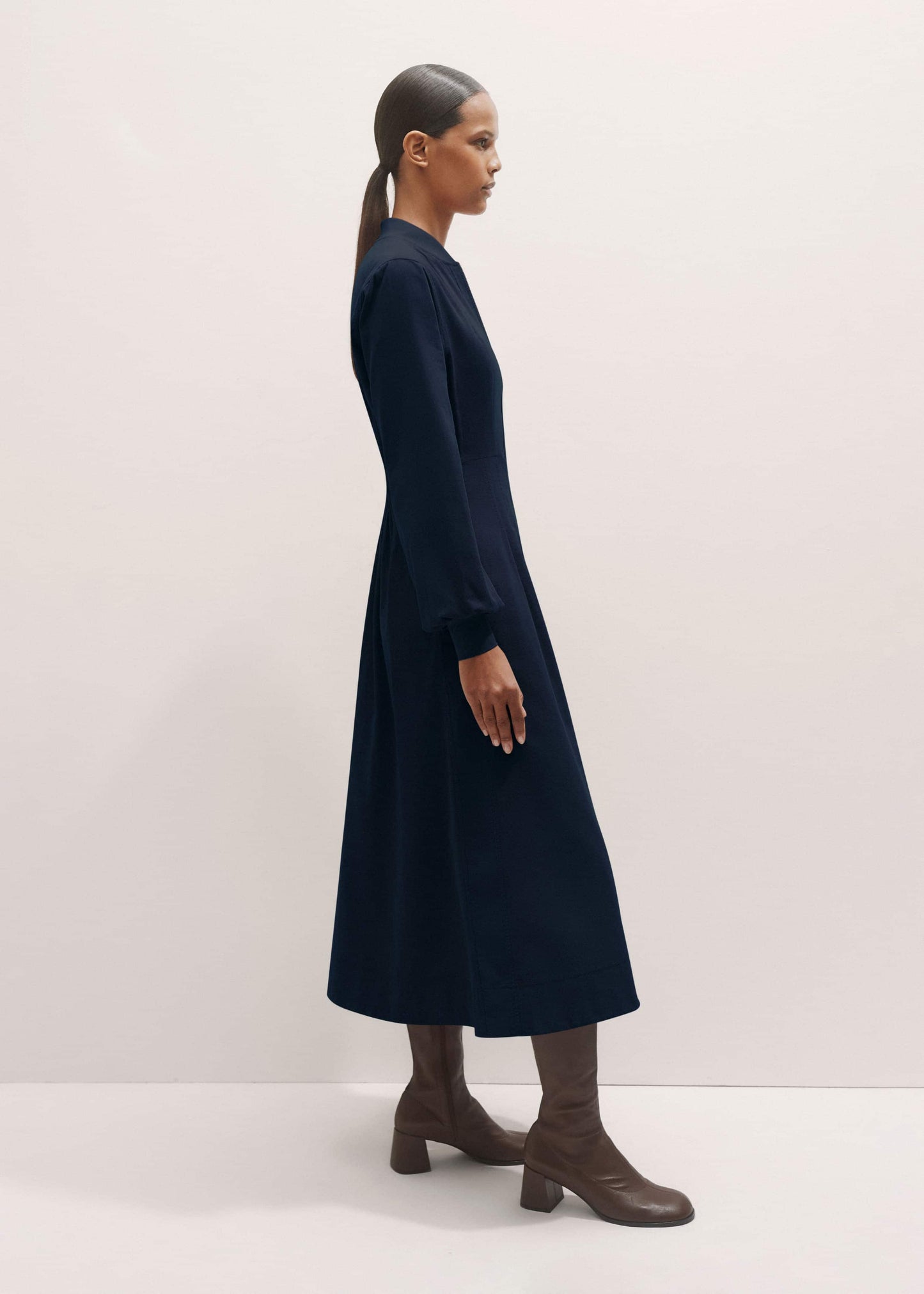 Navy Cotton Cord Pleated Midi Dress