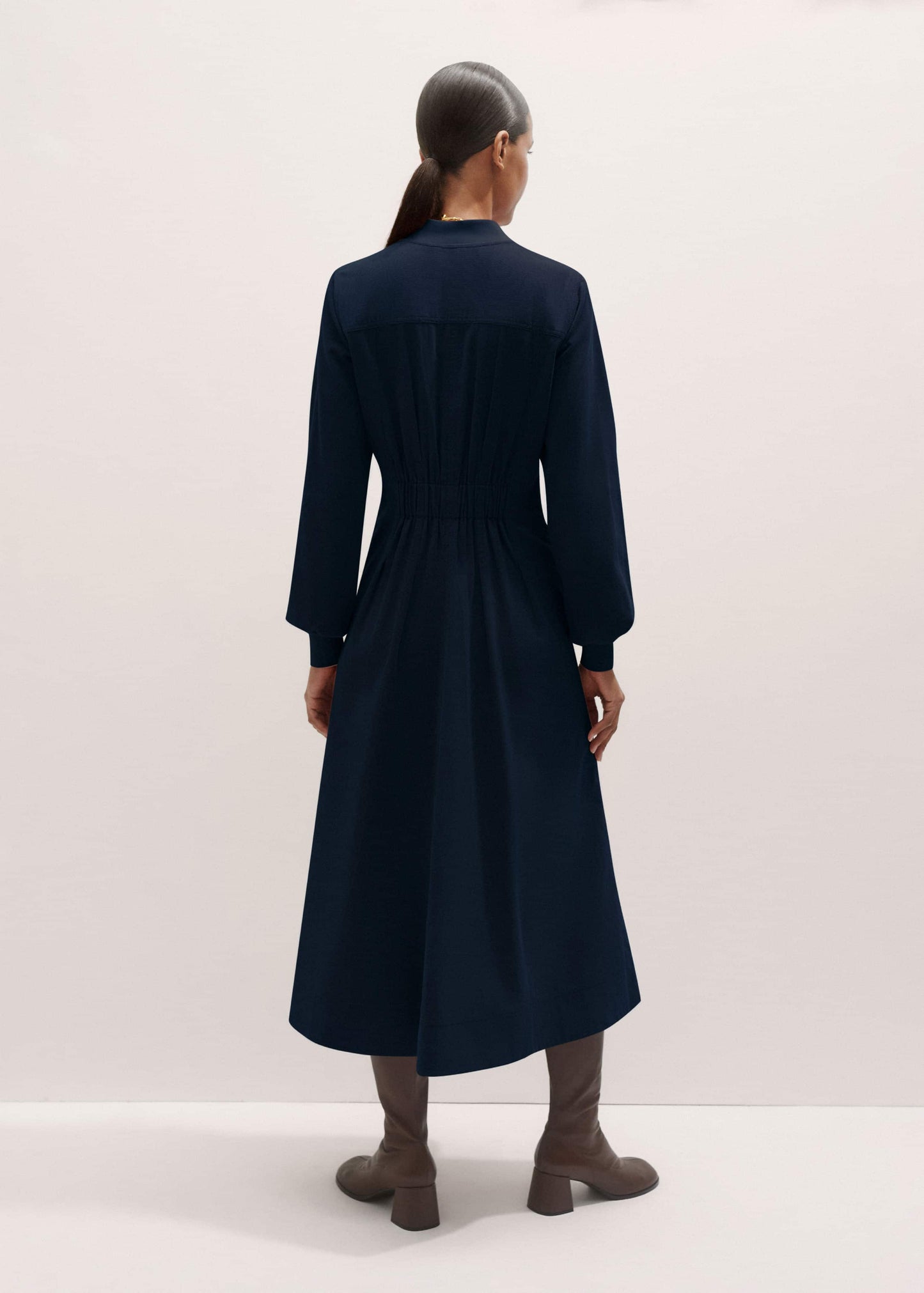 Navy Cotton Cord Pleated Midi Dress
