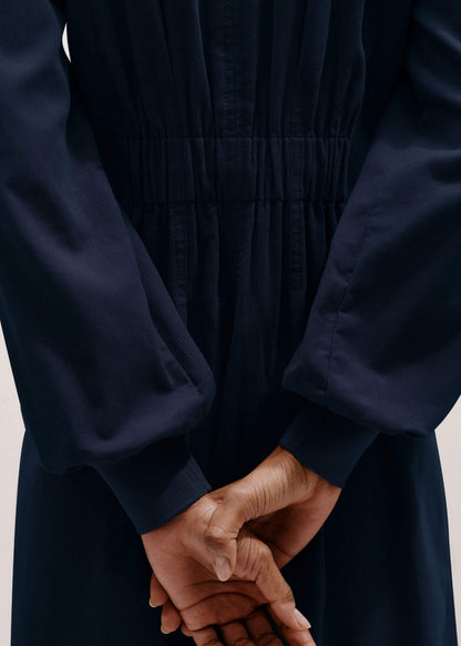 Navy Cotton Cord Pleated Midi Dress