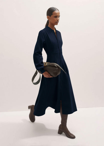 Navy Cotton Cord Pleated Midi Dress