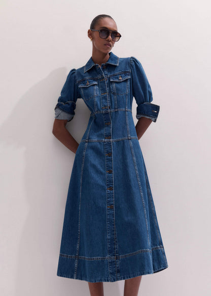 Blue Panelled Fit + Flare Midi Dress