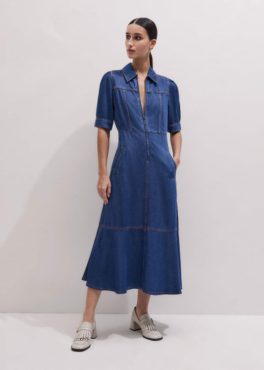 Blue Fluid Fit + Flare Midi Dress + Belt