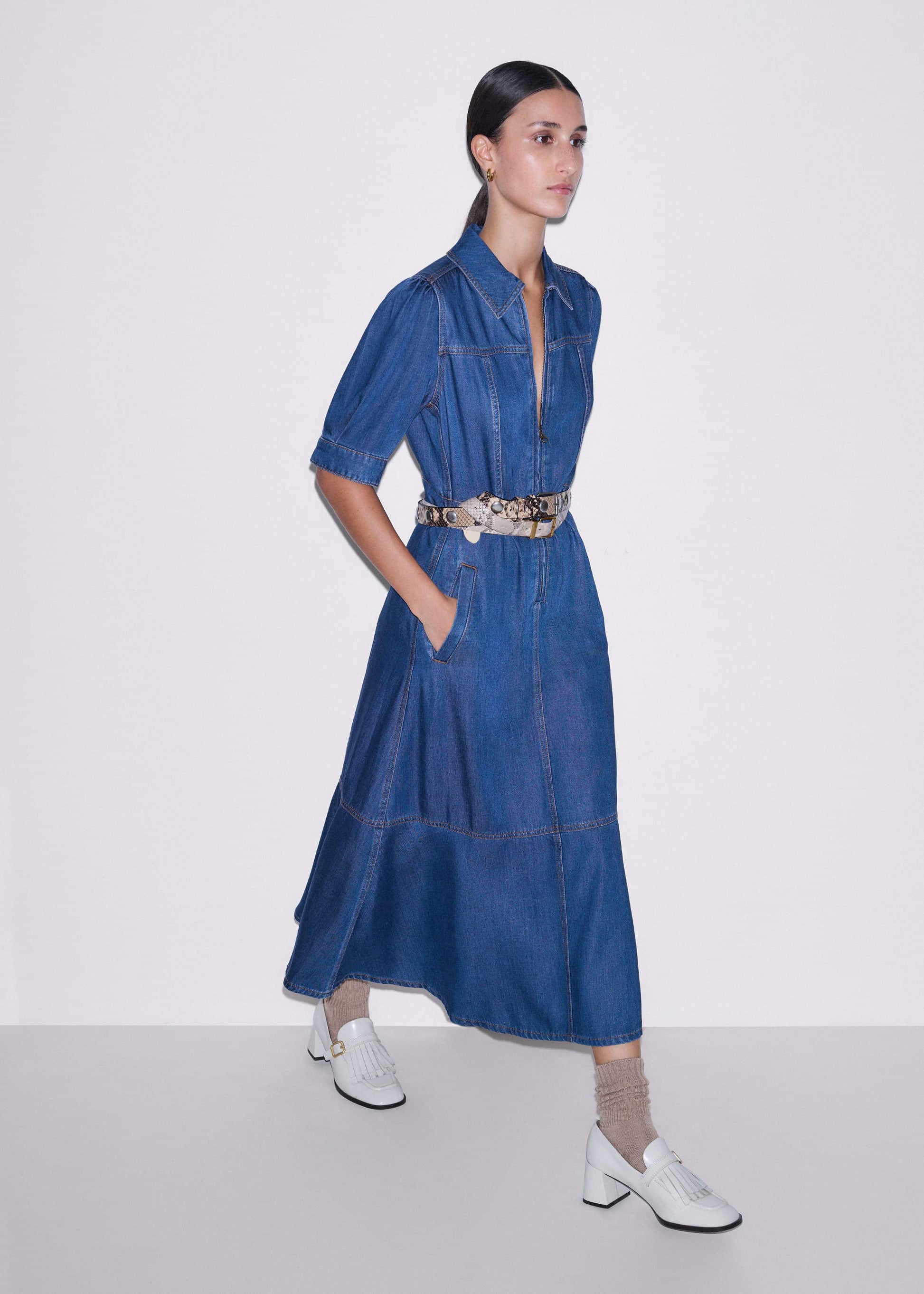 Blue Fluid Fit + Flare Midi Dress + Belt