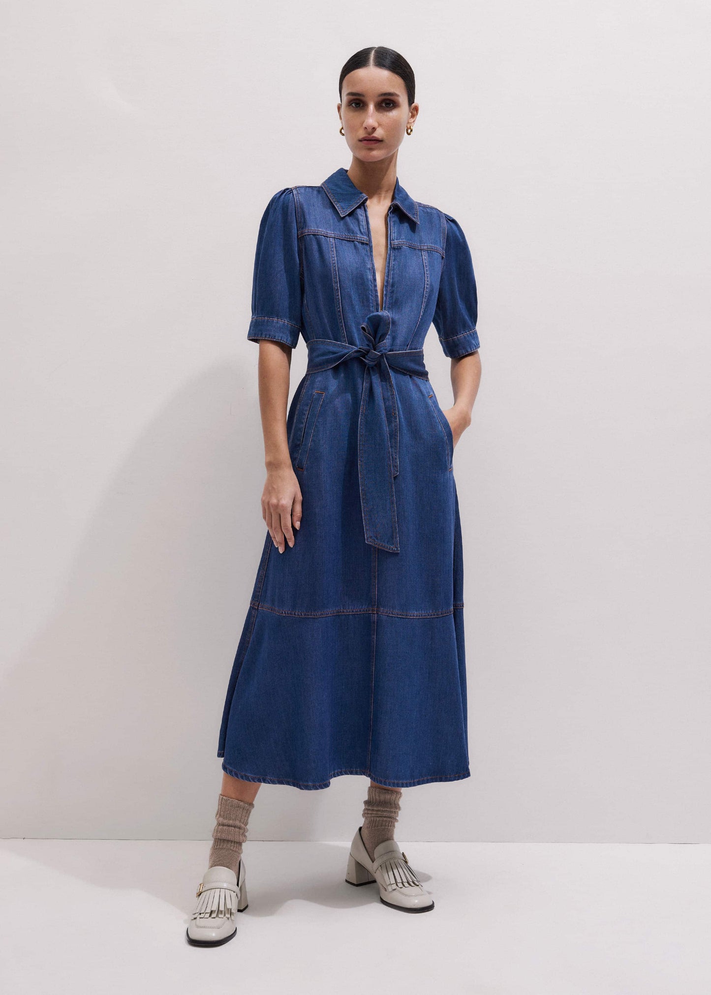 Blue Fluid Fit + Flare Midi Dress + Belt