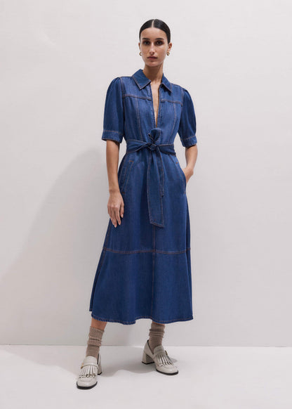 Blue Fluid Fit + Flare Midi Dress + Belt