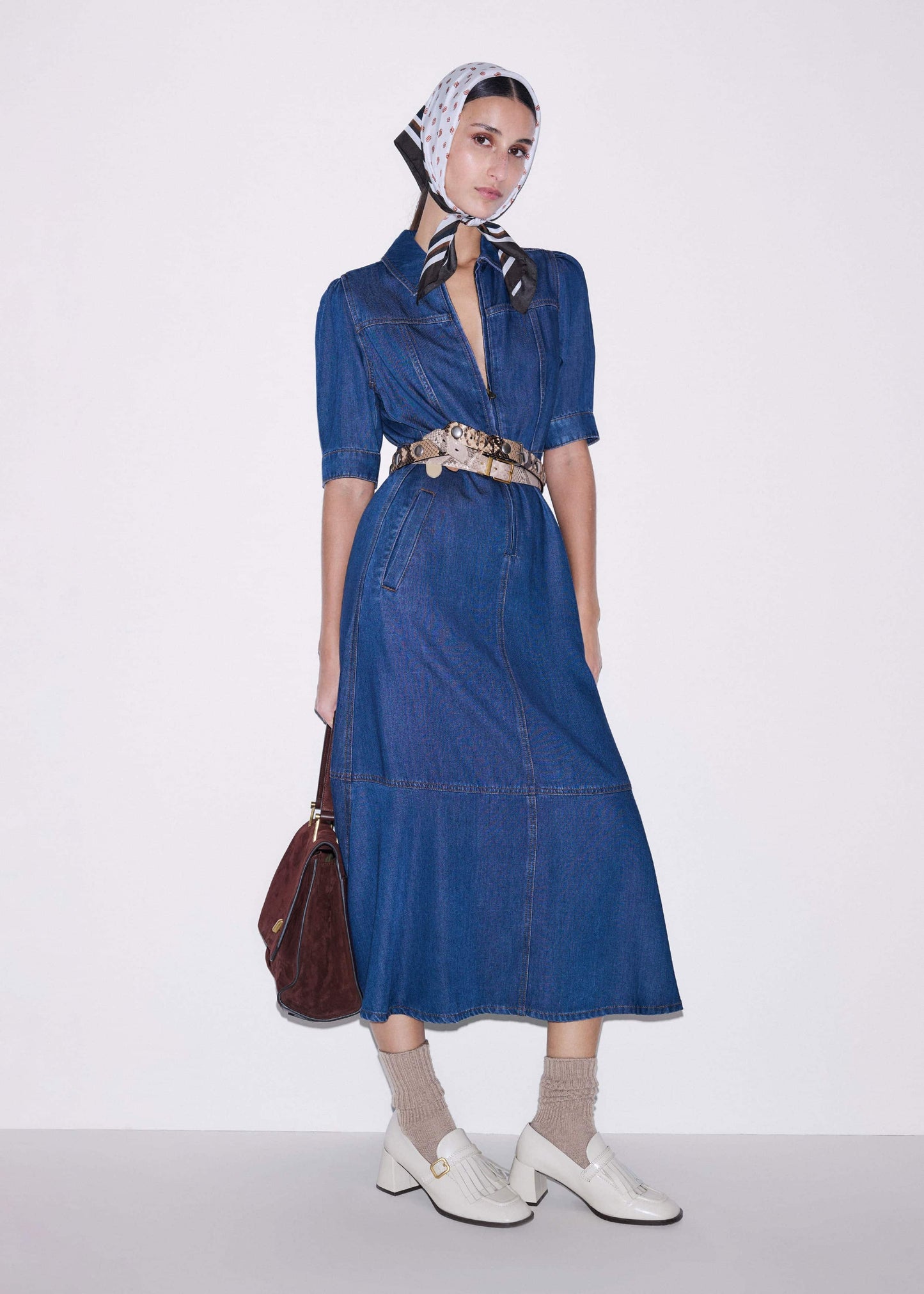 Blue Fluid Fit + Flare Midi Dress + Belt