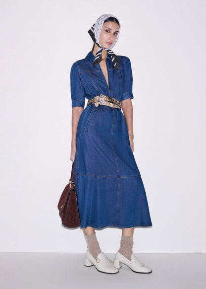 Blue Fluid Fit + Flare Midi Dress + Belt