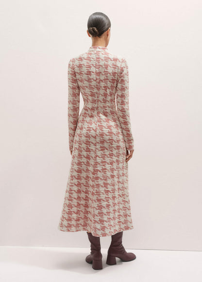 Red Exaggerated Houndstooth Midi Dress