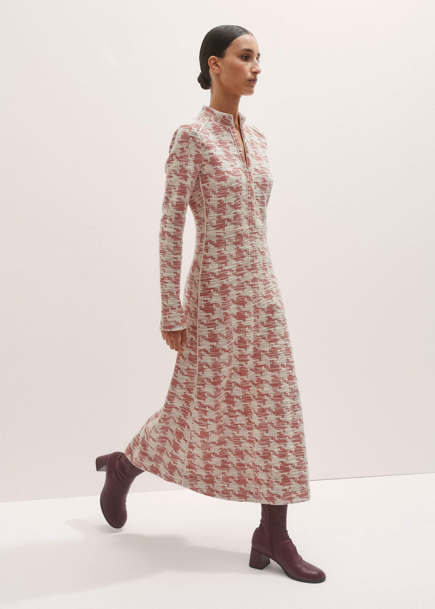 Red Exaggerated Houndstooth Midi Dress